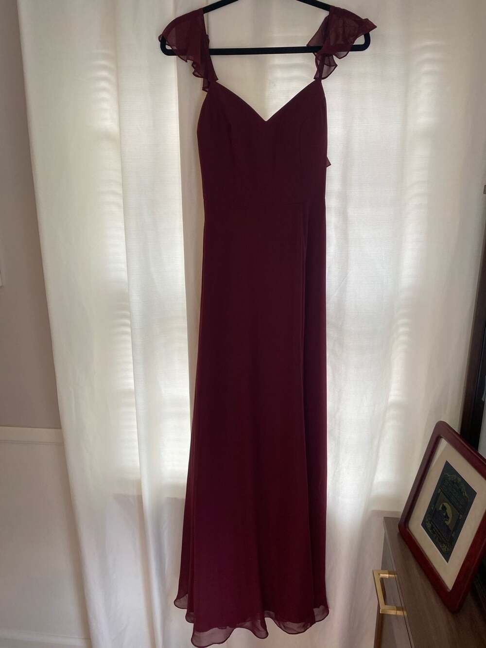 Azazie Everett V-Neck Ruffle Strap Chiffon Bridesmaid Dress in Cabernet